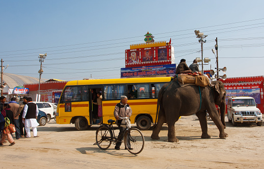 Allahabad, India - January 25, 2013: Elephant and the indian people on the bus stop of biggest festival in the world - Kumbh Mela, on January 25, 2013 in Allahabad India. Mela 2013 had take 130 000 000 visitors
