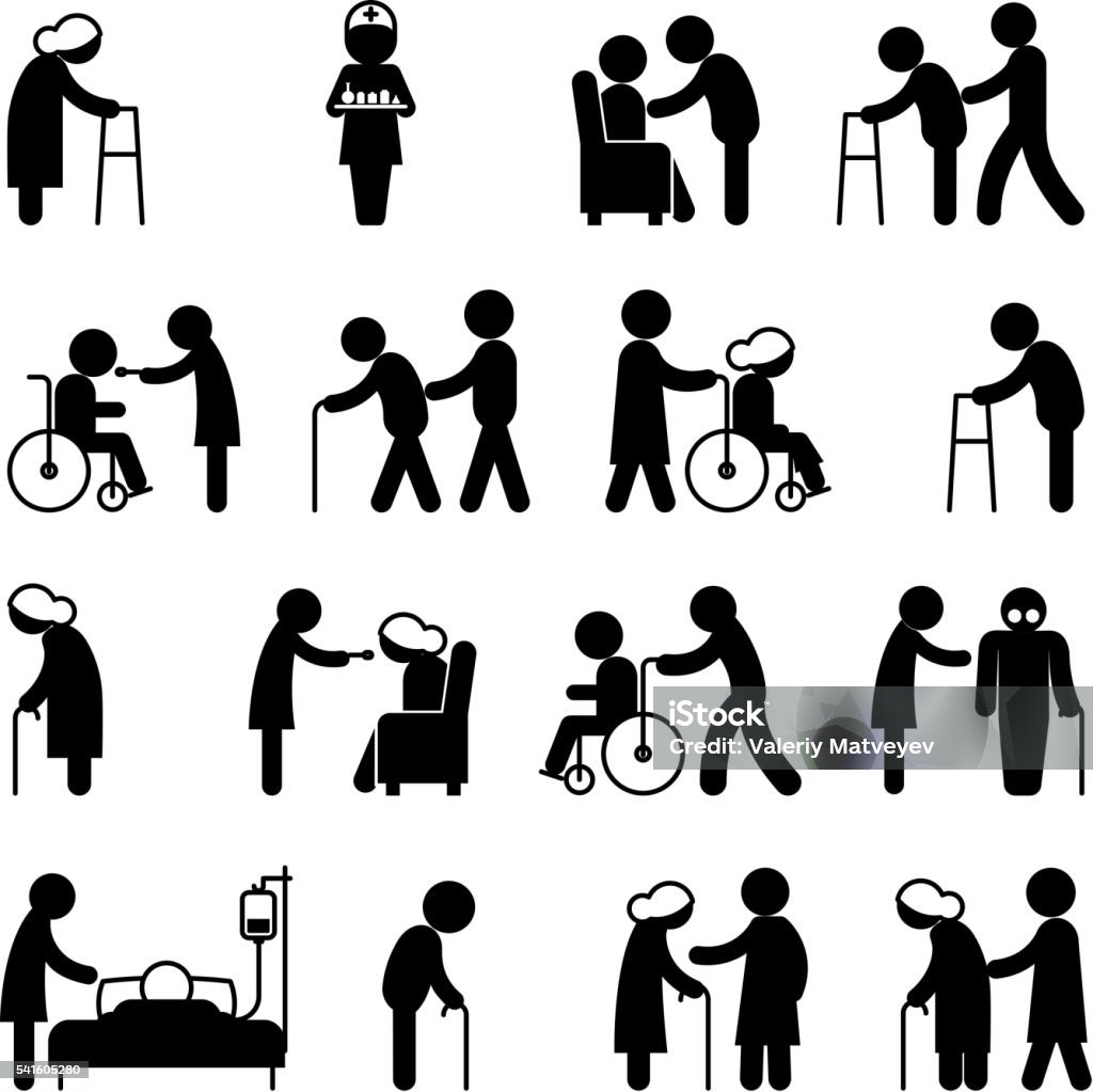 Disability people nursing and disabled health care icons Disability people nursing and disabled health care icons. Disabled people, help disabled  people patient, person disabled in wheelchair, vector illustration Nurse stock vector