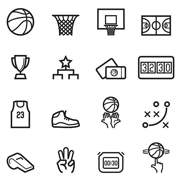 ilustrações de stock, clip art, desenhos animados e ícones de ícones de linha fina de basquetebol - cesto de basquetebol ilustrações