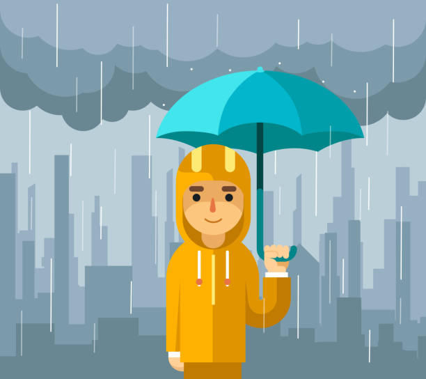 unter regen mit regenschirm. mann vektor-illustration - rain protection personal accessory autumn stock-grafiken, -clipart, -cartoons und -symbole