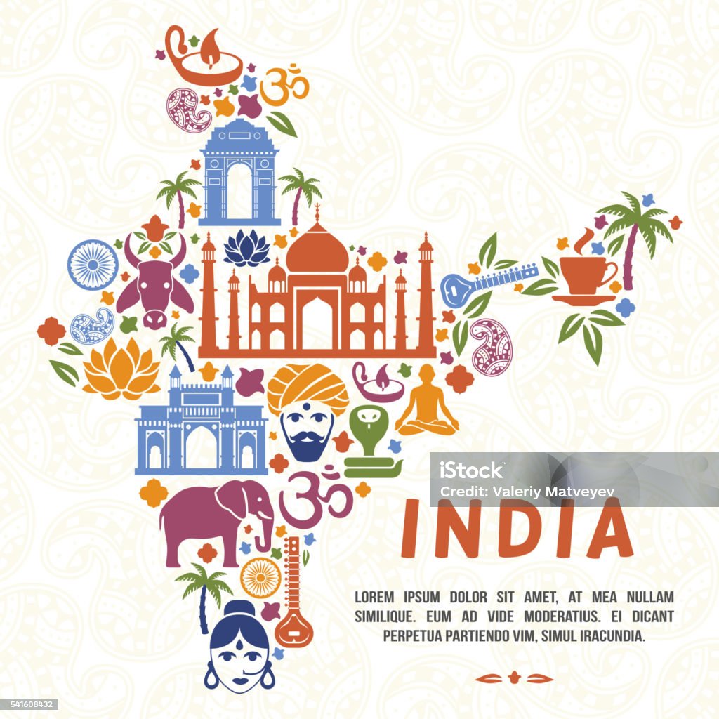 Símbolos indianos tradicionais na forma de mapa da Índia - Vetor de Índia royalty-free