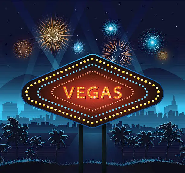 Vector illustration of Vegas city sign at night and background lights fireworks