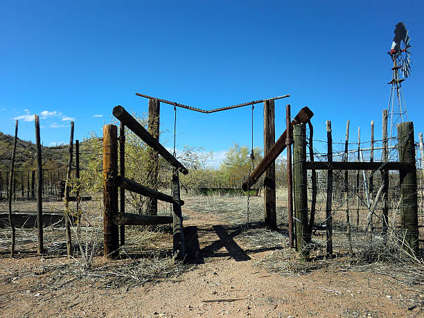 istock Vintage old wooden ranch gate with windmill 541611414