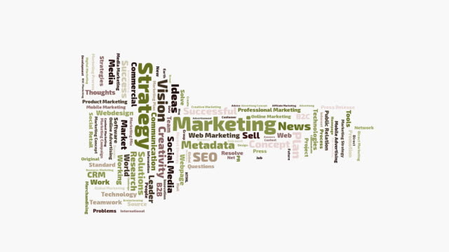 Marketing Strategy word cloud shaped as a key