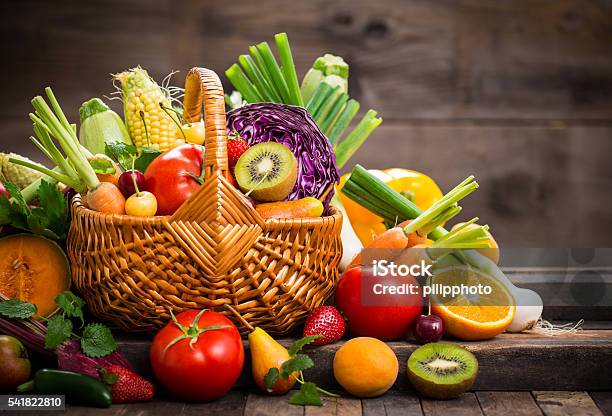 Fresh Fruits And Vegetables In The Basket Stock Photo - Download Image Now - Fruit, Vegetable, Basket