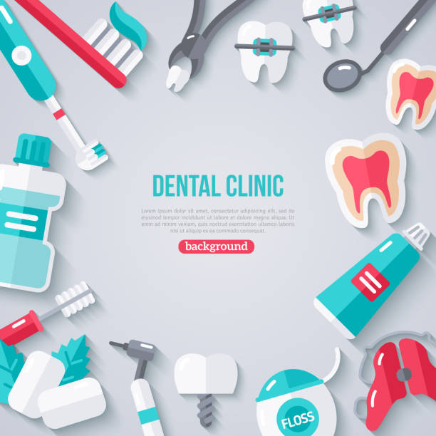 illustrazioni stock, clip art, cartoni animati e icone di tendenza di banner di odontoiatria con icone piatta - dental drill