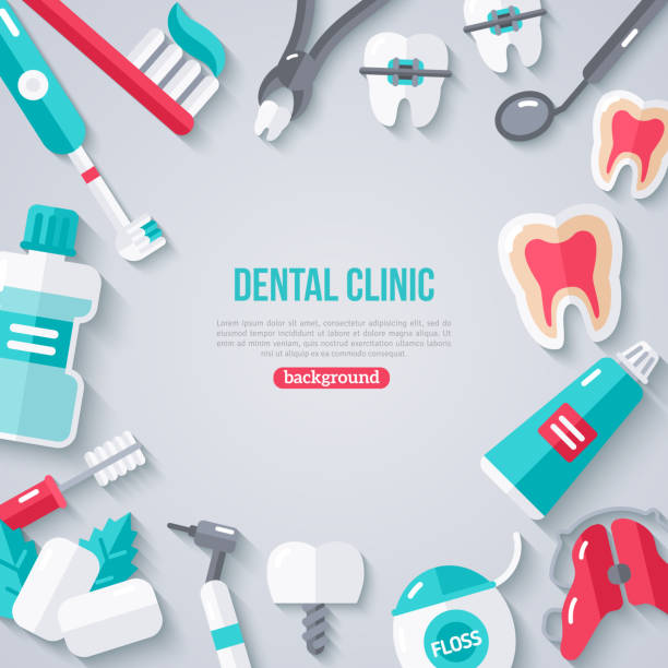 치과 배너입니다, 평편 아이콘 - dentist dental drill dental equipment dental hygiene stock illustrations