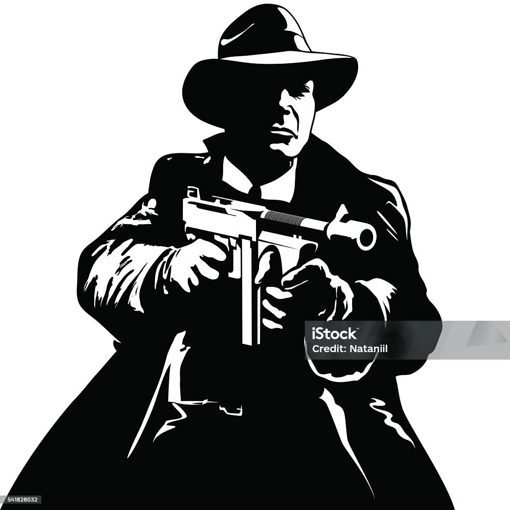 Gangster A gangster with a submachine gun Fedora stock vector