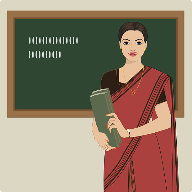 Lady teacher wearing a sari Vector illustration showing a lady teacher wearing a sari standing in front of the chalk board. File is made is Adobe Illustrator CS6 in RGB color. Character and the background are arranged in the different layers. Objects organised in groups  for easy ediiting. There are no blends, effects, tranperencies and gradients used in making. No clipping mask. sari stock illustrations