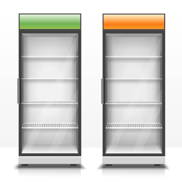 illustrazioni stock, clip art, cartoni animati e icone di tendenza di due frigoriferi verticali vuoti con pannelli frontali trasparenti - design shiny part of front view