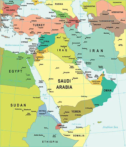 Vector illustration of Map of Middle East - illustration