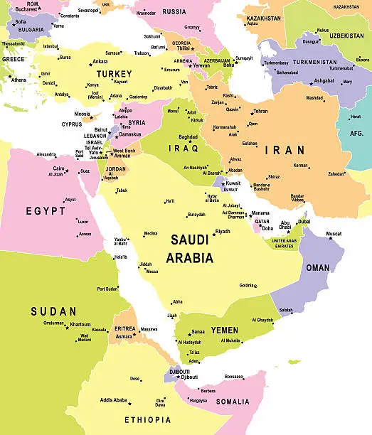 Vector illustration of Map of Middle East - illustration