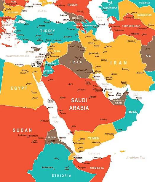 Vector illustration of Colored Map of Middle East