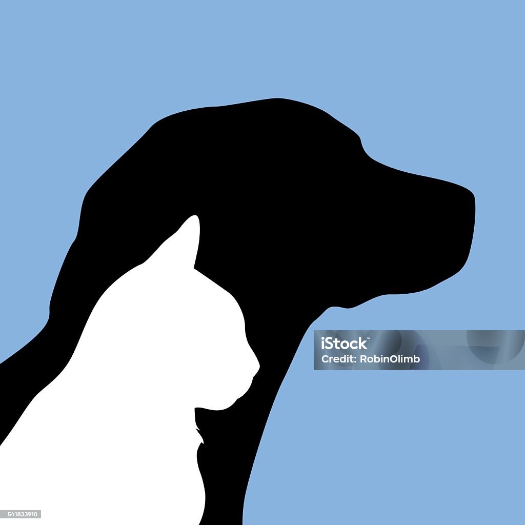 Dog And Cat Icon Vector illustration of a black white cat silhouette on a black dog silhouette against a blue square background. Domestic Cat stock vector