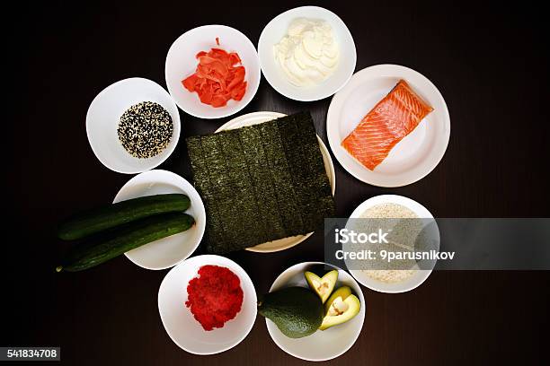 Table Served With Ingredients Of Sushi And Traditional Japanese Food Stock Photo - Download Image Now