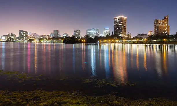 Photo of Oakland California Night Sky Downtown City Skyline Lake Merritt