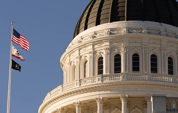 Downtown Sacramento California Capital Dome Building City Skyline The flags fly in front of Sacramento's Capital Building sacramento stock pictures, royalty-free photos & images