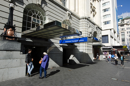 Auckland, New Zealand - December 27, 2022: Exterior view of Britomart Train station in Auckland, New Zealand