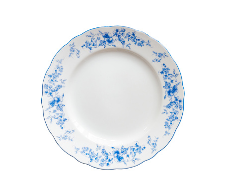 Plate, decorated with blue flower painted, isolate on white background