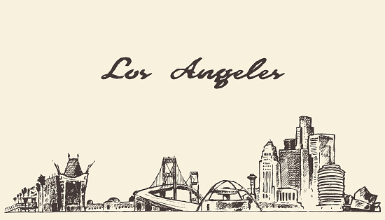 Los Angeles skyline vintage vector engraved illustration hand drawn sketch