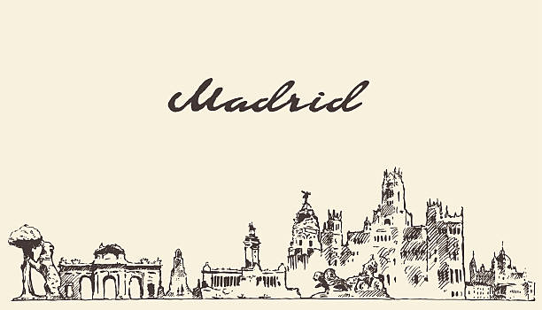 ilustraciones, imágenes clip art, dibujos animados e iconos de stock de madrid horizonte dibujo vector dibujado a mano - madrid