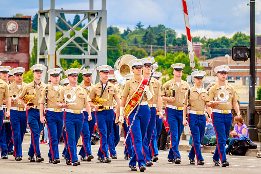 Portland, Oregon, United States - June 11, 2016: Third Marine Aircraft Wing Marching Band in the Grand Floral Parade during Portland Rose Festival 2016.