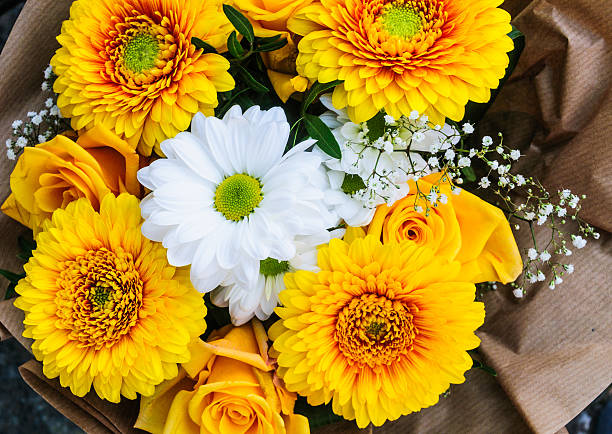 White gerber daisies with a sprig of baby's breath are surrounded by yellow gerber daisies and yellow roses in this bouquet.