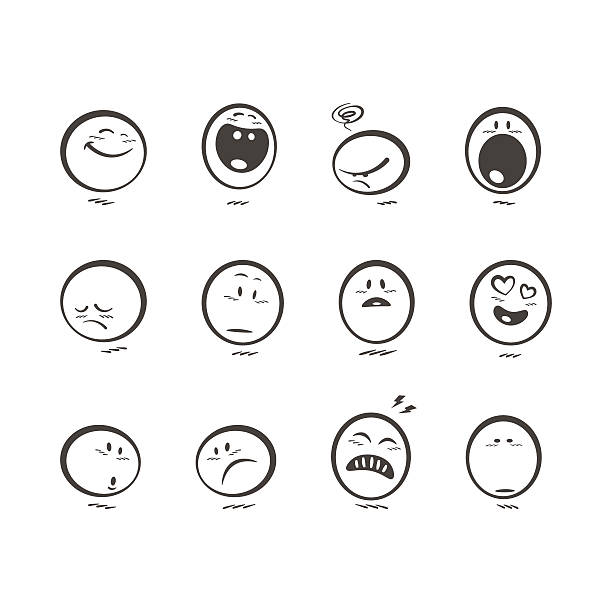 Set of cute hand drawn emoticons Set of 12 hand drawn black and white emoticons reactions. Cartoon and minimalistic style. relieved face stock illustrations
