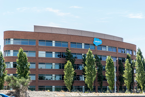 San Maeto, USA - June 11, 2016: Outside Salesforce in San Maeto, located at 900 Concar Drive. Salesforce is an American cloud computing company with headquarters in San Francisco, California.