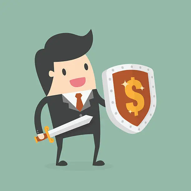 Vector illustration of Businessman Carrying a Money Shield And Sword