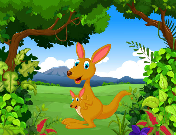 kangaroo cartoon with landscape background vector illustration of kangaroo cartoon with landscape background joey stock illustrations