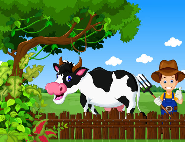 Funny Farm With Cow Cartoon And Farmer Life Background Stock Illustration -  Download Image Now - iStock