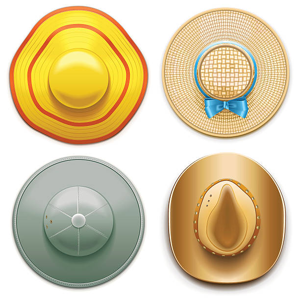 Vector set of hats, including yellow beach hat, straw hat with blue bow, camping and cowboy hats, isolated on white background