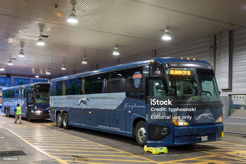 Greyhound bus terminal in Dallas, Texas Dallas, Tx, USA - April 9, 2016: Greyhound buses at the terminal in Dallas downtown. Greyhound Bus Stock Photo