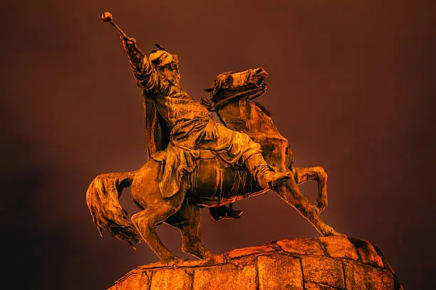 Bogdan Khmelnitsky Equestrian Statue Night Sofiyskaya Square Kiev Ukraine. Founder of Ukraine Cossack State in 1654. Statue created 1881 by Sculptor Mikhail Mykeshin