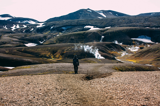 landmannalaugar, Iceland - August 21, 2014: Mountain tourist makes hiking in the national park.