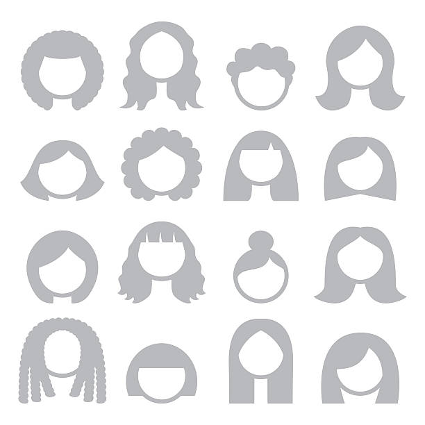 Woman grey hair styles, wigs icons Vector icons set isolated on white - hairdresser, hair stylist short human hair women little girls stock illustrations