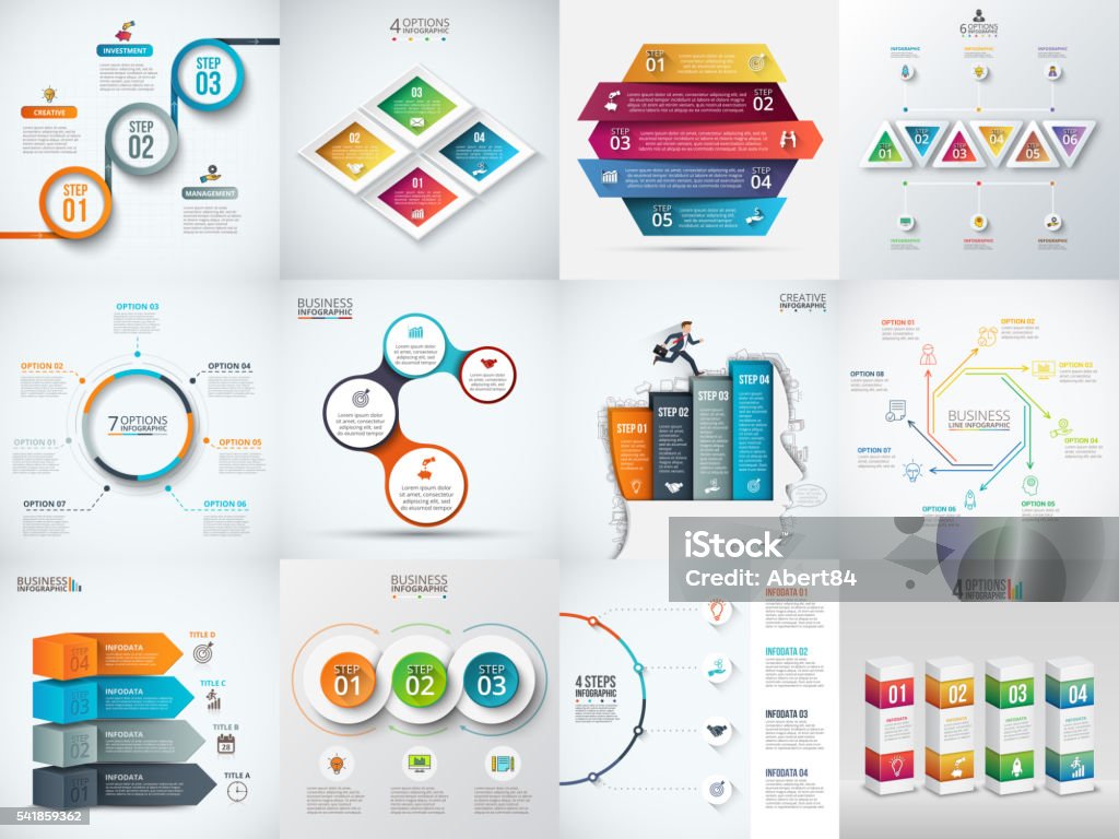 Vector infographic design template. Vector infographic design template. Business concept with 3, 4, 5, 6, 7 and 8 options, parts, steps or processes. Can be used for workflow layout, diagram, number options. Data visualization. Presentation - Speech stock vector