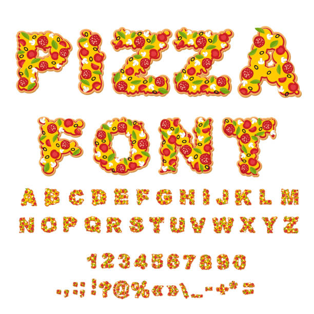 Pizza font. Letters dough. Food Alphabet. Fast food ABC. Italian vector art illustration