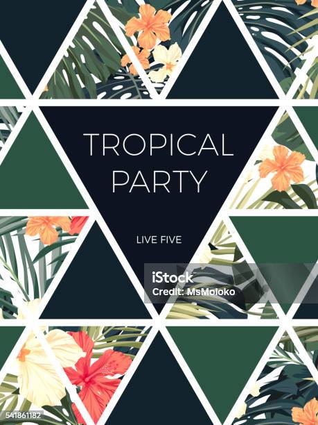 Bright Hawaiian Design With Tropical Plants And Hibiscus Flowers Stock Illustration - Download Image Now