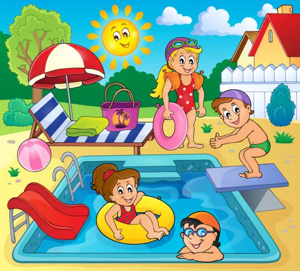 Vector illustration of Children by pool theme image 2