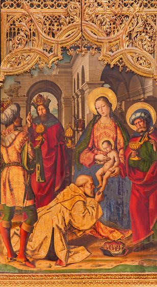 Avila, Spain - April 18, 2016: Avila - The paintig of The Three Magi on the main altar of Catedral de Cristo Salvador by Juan de Borgona (1512).