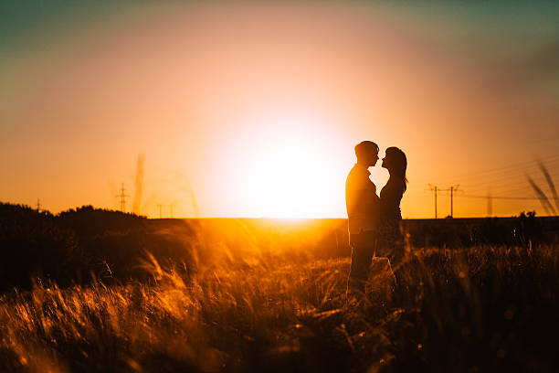 istock Romantic couple standing and kissing on background summer  field sunset 541864982