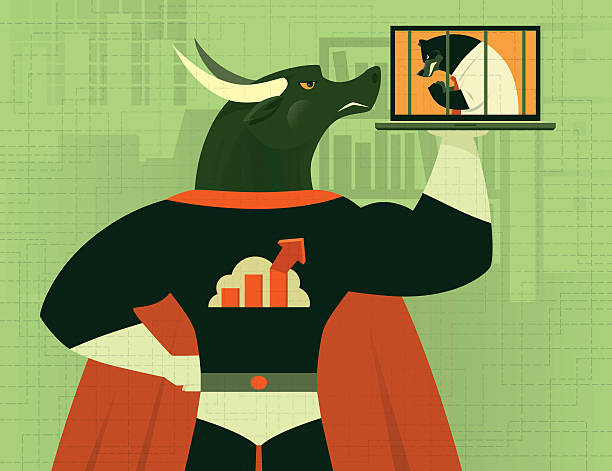 ilustrações, clipart, desenhos animados e ícones de super herói bull - bear market finance business cartoon