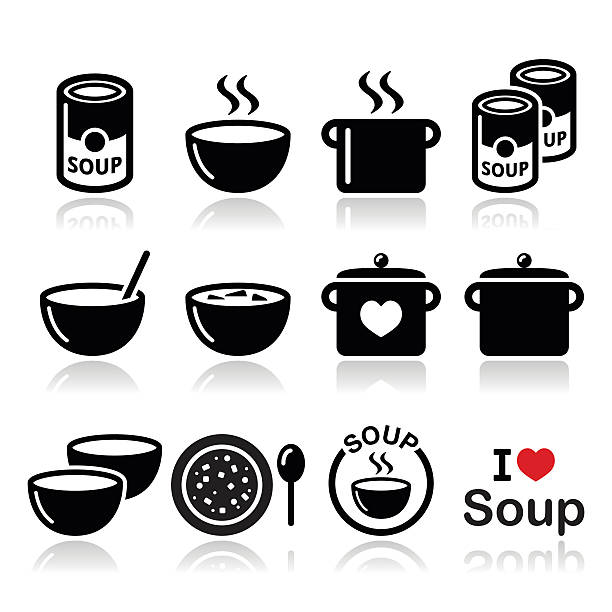 Soup in bowl, can and pot - food icon set Vector icons set of soup isolated on white  bowl of soup stock illustrations