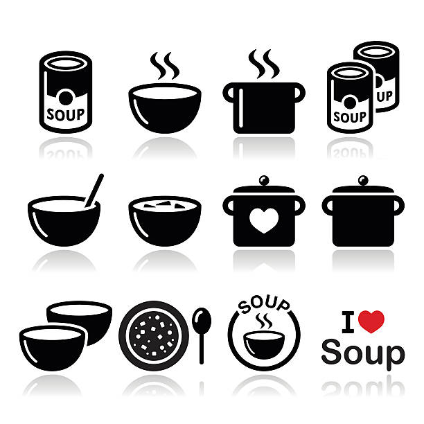Soup in bowl, can and pot - food icon set Vector icons set of soup isolated on white canned food stock illustrations