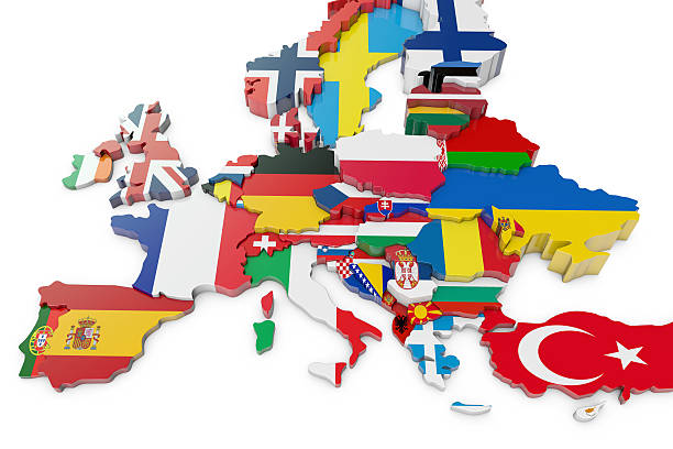 europa mappa con bandiere - belgium map flag three dimensional shape foto e immagini stock