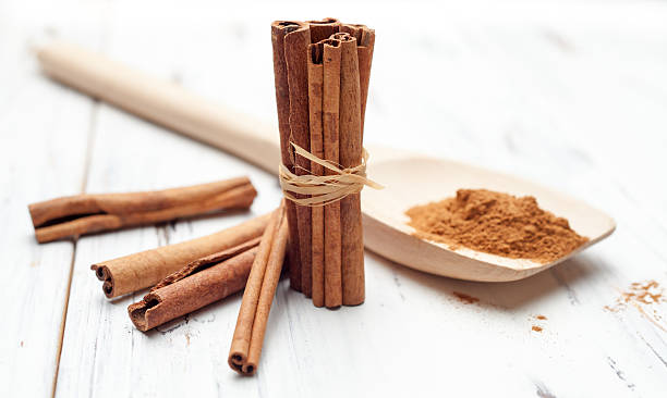 istock ground cinnamon in wooden spoon and cinnamon sticks on white 541869856