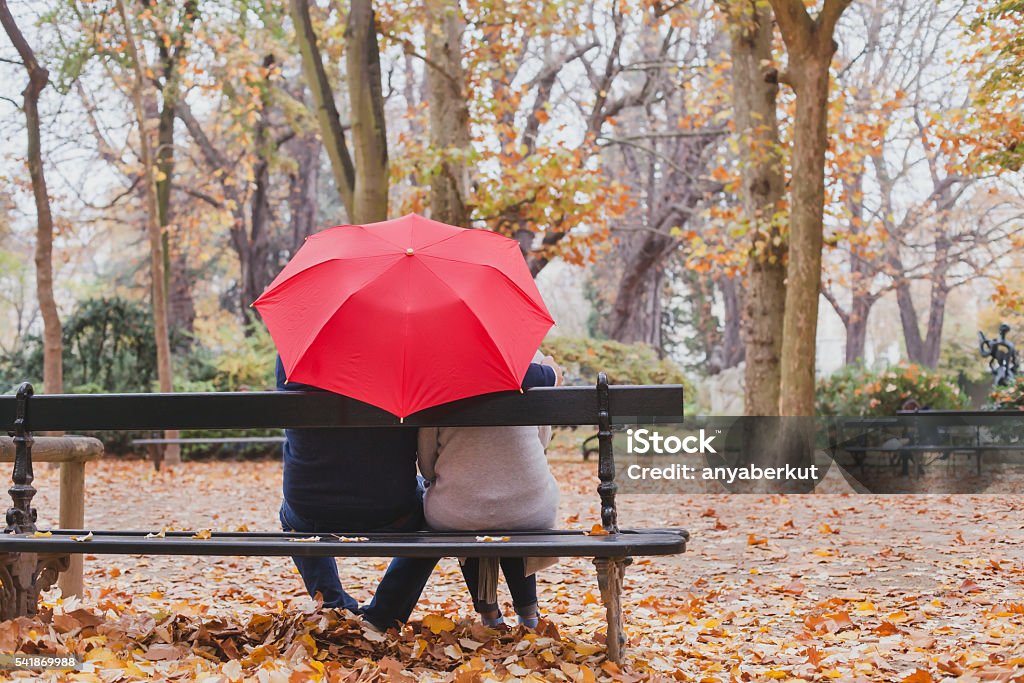 coppia sotto l'ombrellone nel parco autunnale, amore - Foto stock royalty-free di Ombrello