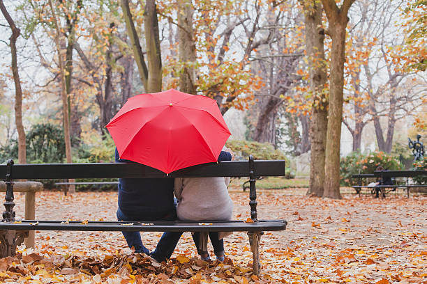 coppia sotto l'ombrellone nel parco autunnale, amore - under the weather foto e immagini stock